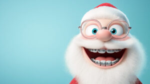 Santa Claus, sporting a shiny set of braces, flashes a cheerful smile, radiating festive joy. His traditional red suit and white beard are complemented by the playful glint of his dental hardware, add